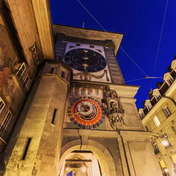 Zytglogge clock tower lit up at night, in Bern.