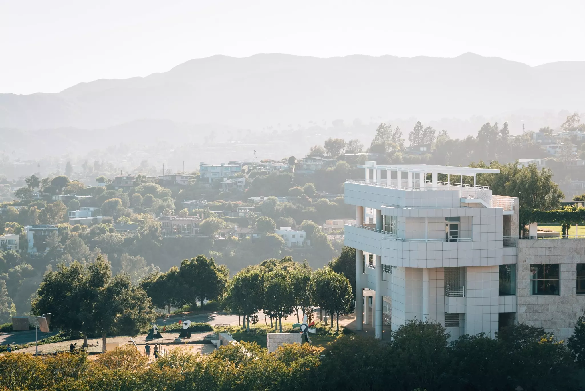 View of modern architecture and mountains at The Getty Center, in Los Angeles, California