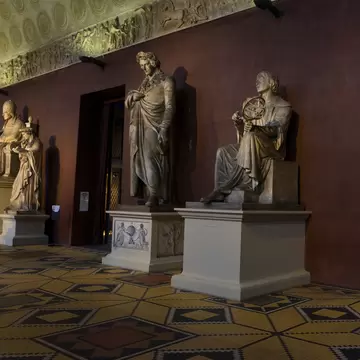 Row of sculptures on display inside Thorvaldsens Museum in Copenhagen, Denmark.