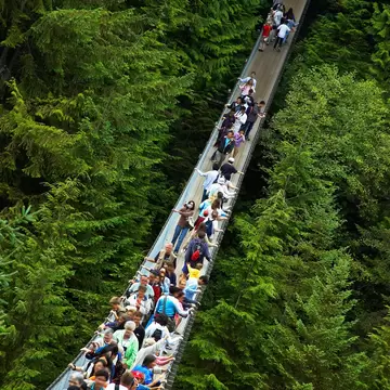 Overhead view of Capilano Suspension Bridge over deep valley in Vancouver, Canada.