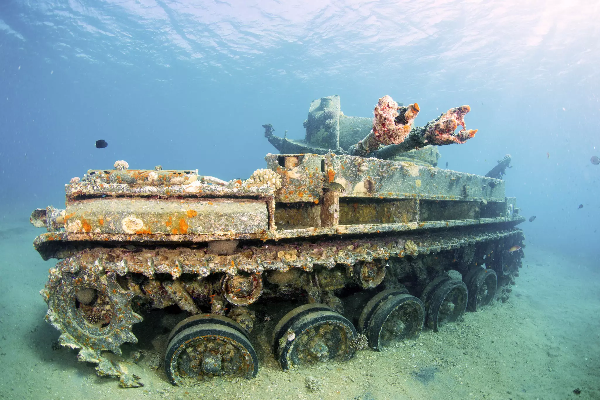 The rusted wreck of a sunken tank underwater.