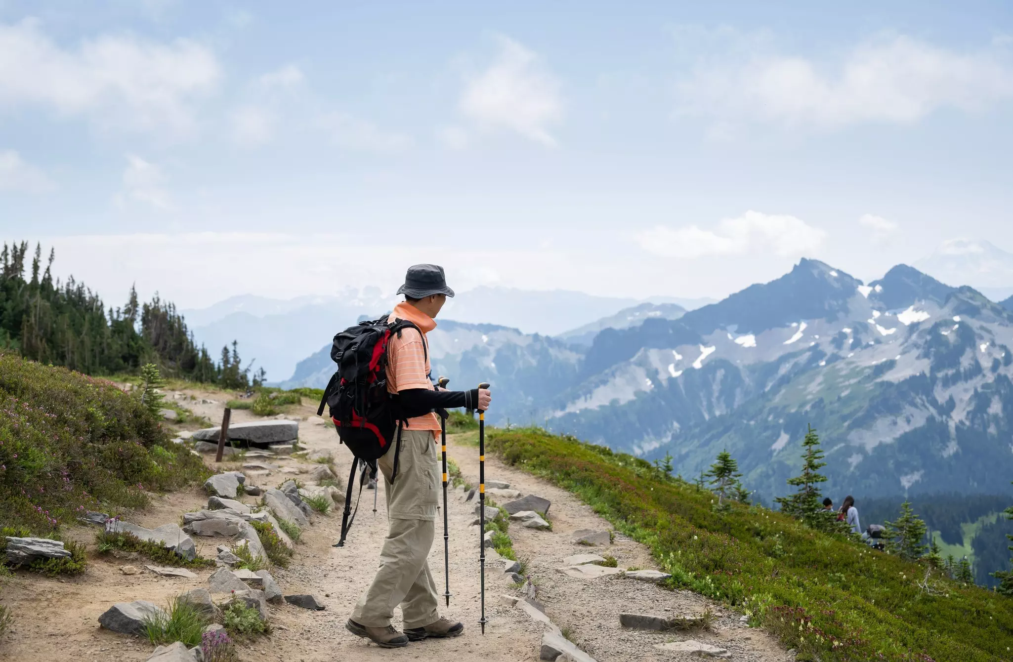 Hiking Skyline Loop Trail in summer. Unrecognizable people on the trail. Mt Rainier National Park. Washington State., License Type: media, Download Time: 2025-02-10T17:23:54.000Z, User: rhylton_redventures, Editorial: false, purchase_order: 56530 - Guidebooks, job: Lonely Planet WIP, client: Lonely Planet WIP, other: Rhianydd Hylton