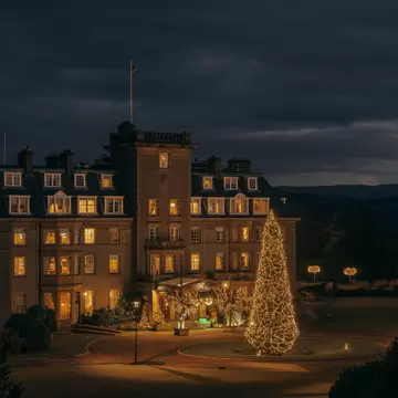 Exterior of a rural a hotel at night, with a giant lit-up Christmas tree in the front yard and twinkling garland framing the front entrance