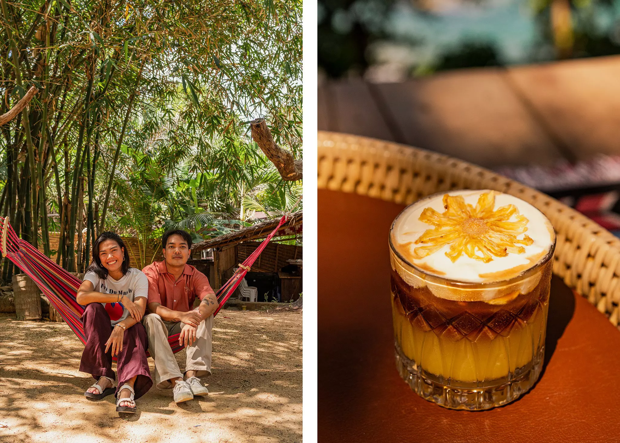Left: The Boonyawong siblings, who opened A Blanket & A Pillow with their parents. Right: A drink at the venue's self-service cafe.