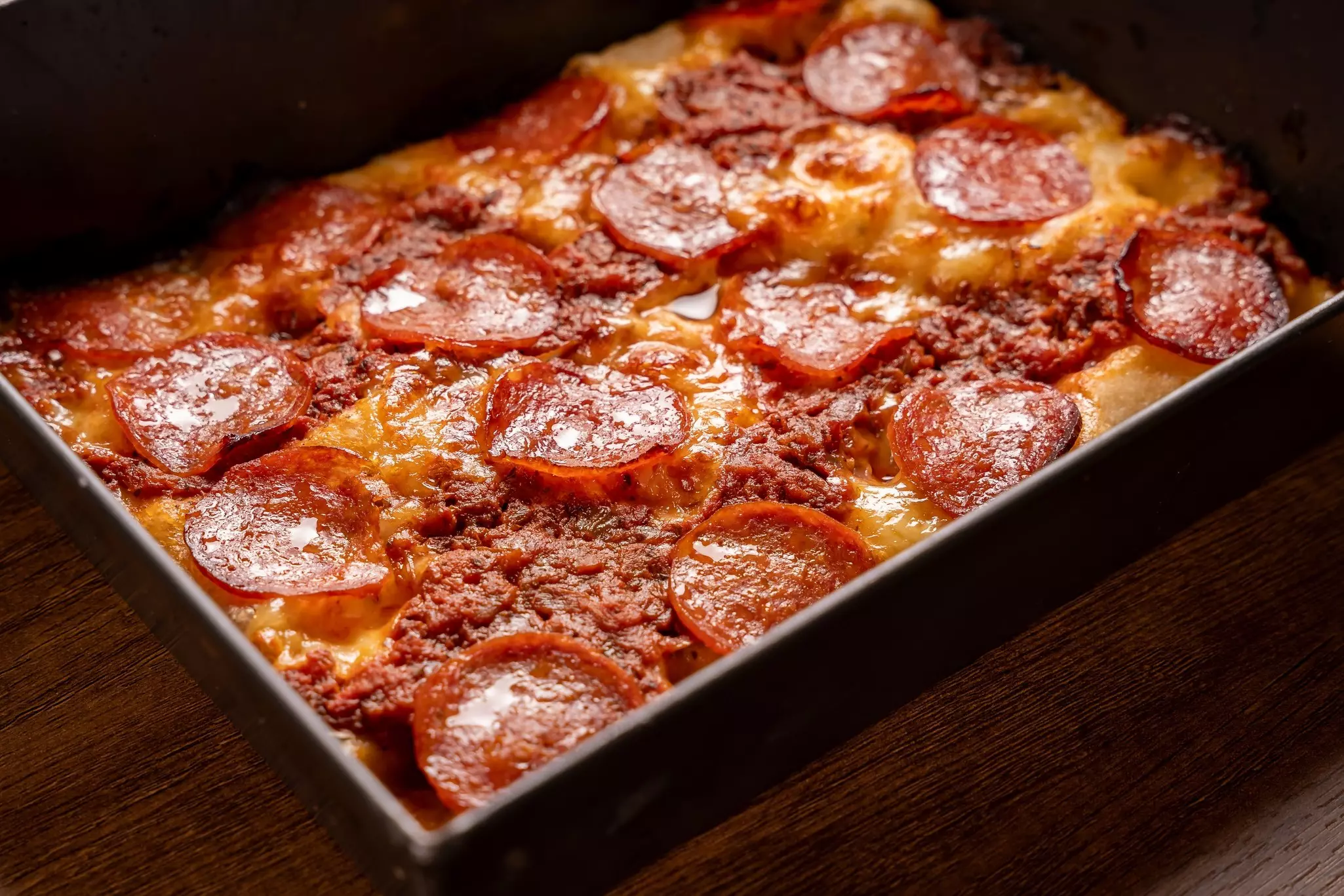 A pan of Detroit Pizza