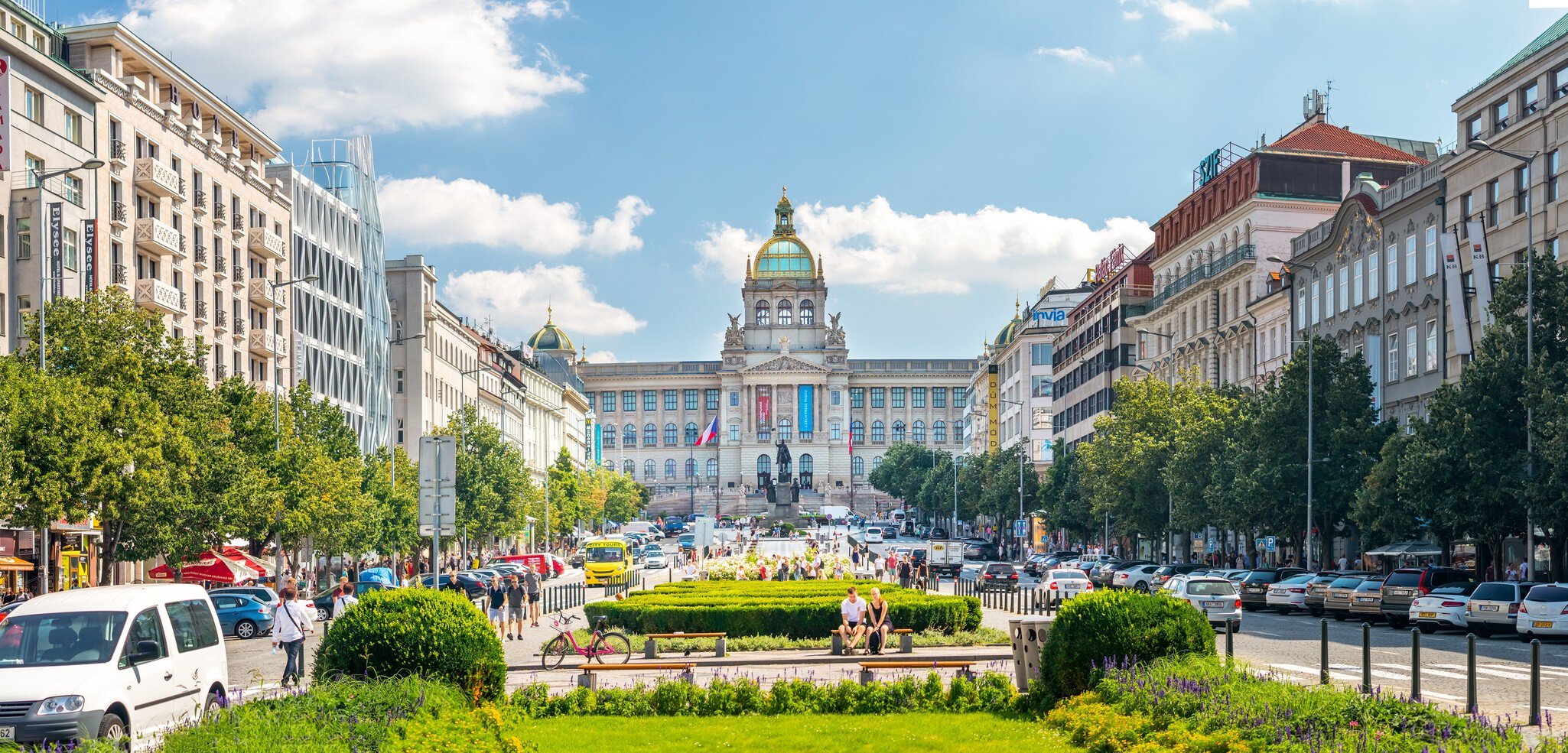 Prague, Czech republic. Wenceslas Square in Prague, panorama view of the National Museum.
