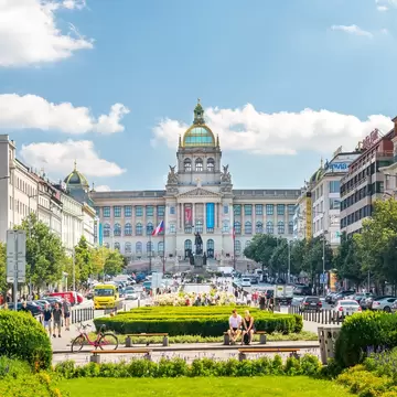 Prague, Czech republic. Wenceslas Square in Prague, panorama view of the National Museum.