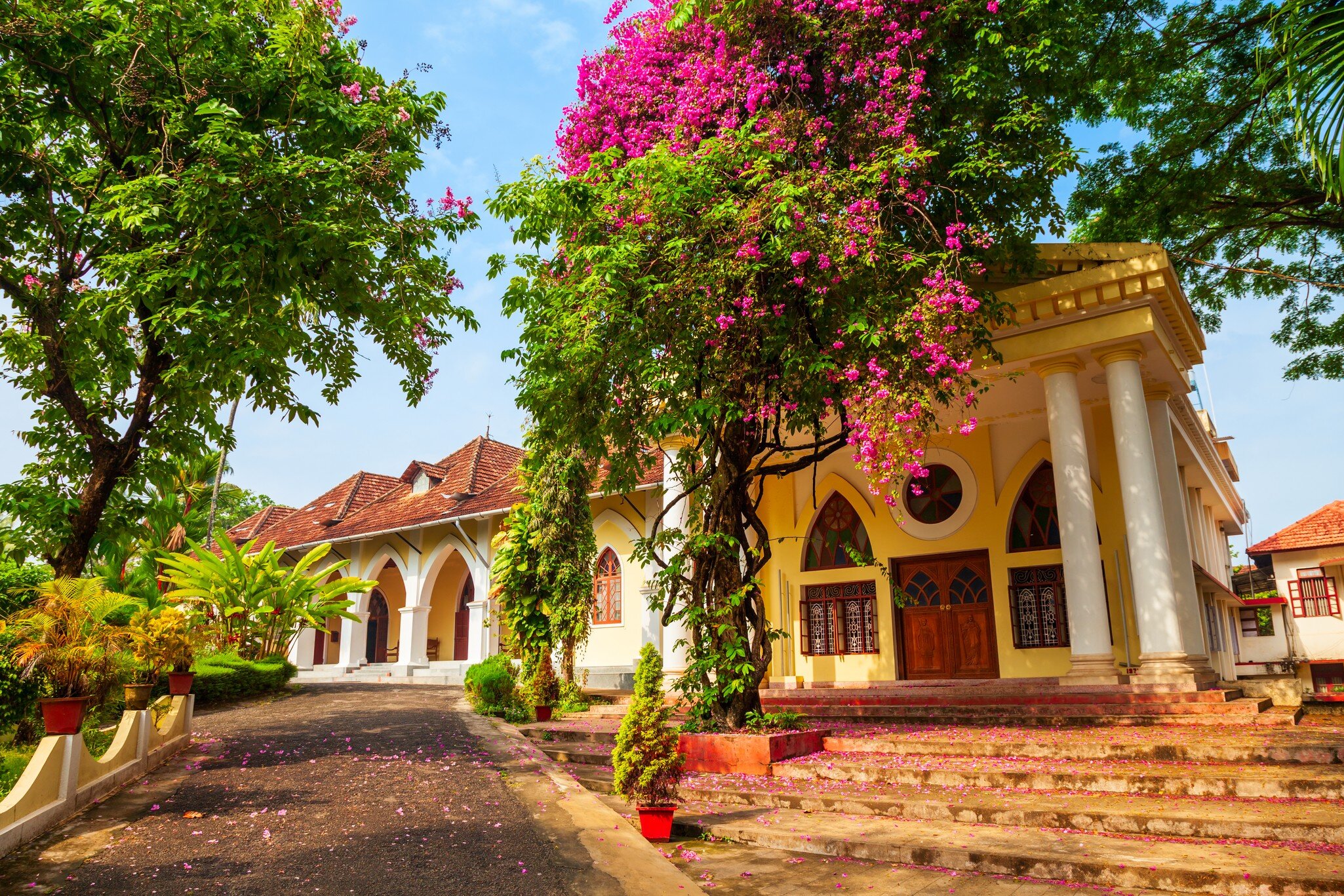 Facade of the Indo-Portuguese Museum or Bishop House, a museum in Fort Kochi in Cochin city, Kerala, India.