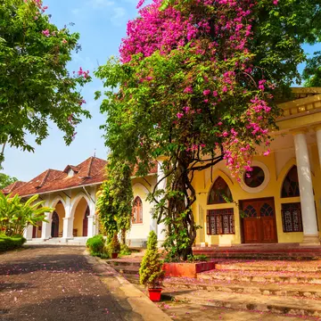 Facade of the Indo-Portuguese Museum or Bishop House, a museum in Fort Kochi in Cochin city, Kerala, India.