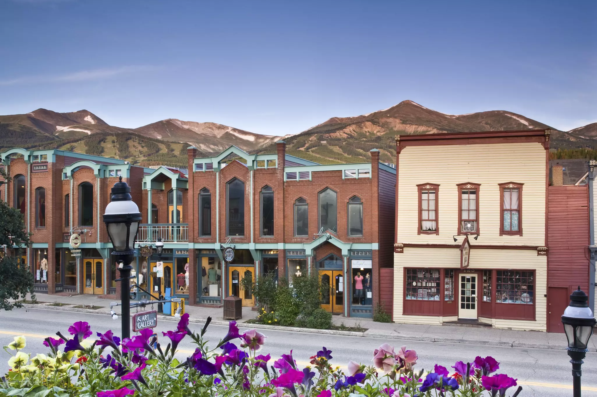 Main Street in Breckenridge, Colorado, with brick storefronts.