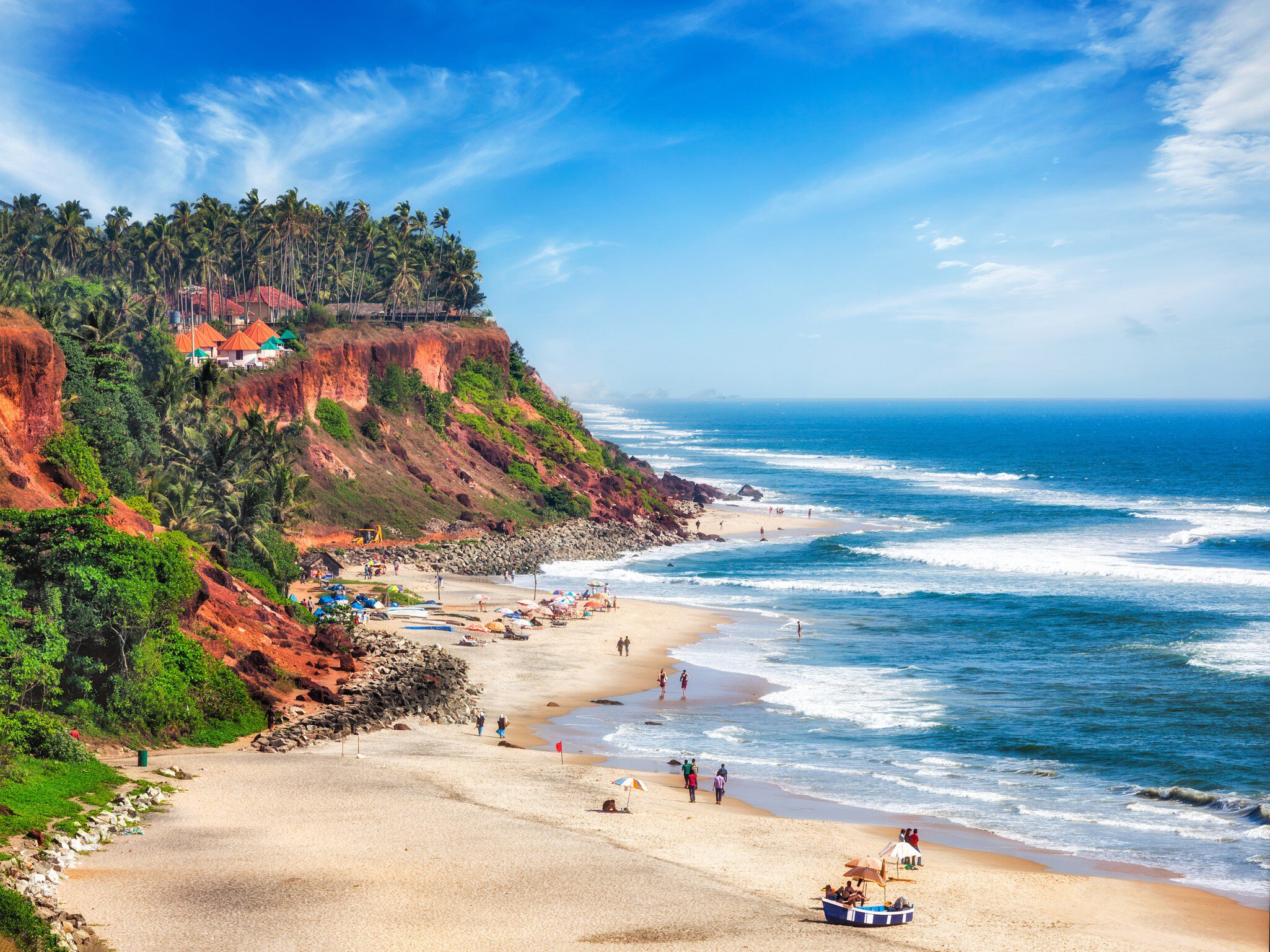 Wide view of Varkala beach, Kerala, India.