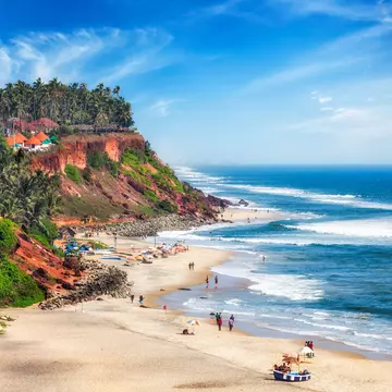 Wide view of Varkala beach, Kerala, India.