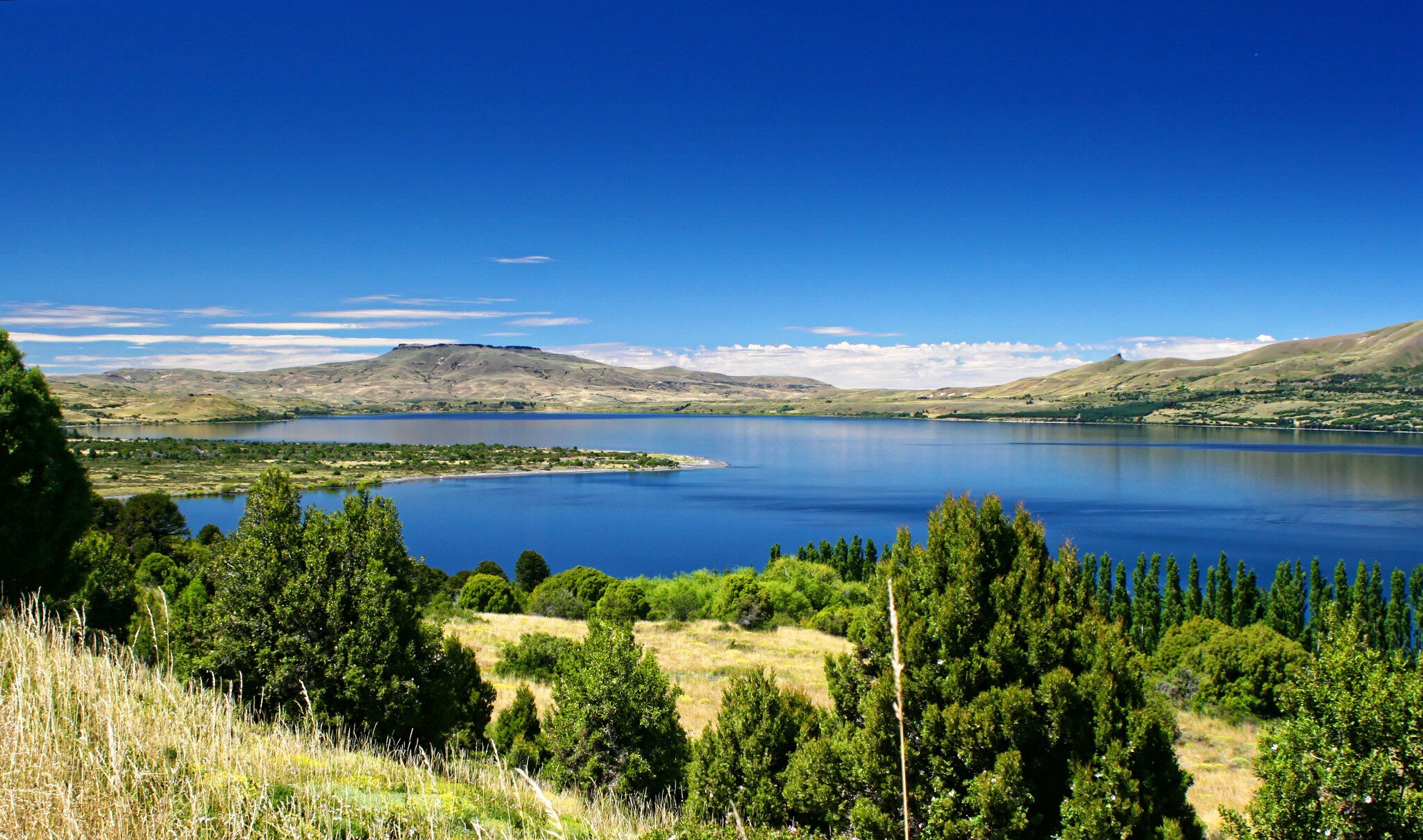 Wide view of Lanin National Park and Huechulafquen lake, North Patagonia, Argentina.