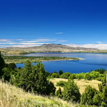 Wide view of Lanin National Park and Huechulafquen lake, North Patagonia, Argentina.