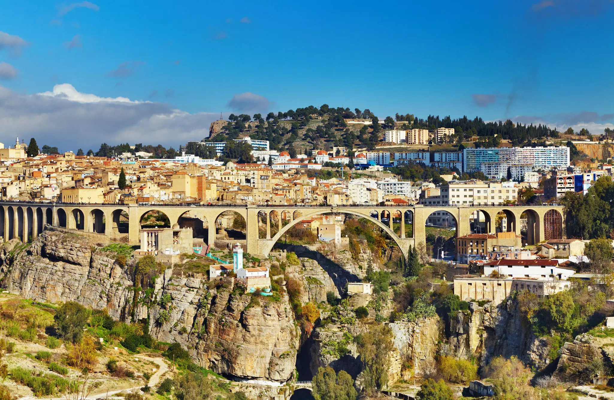 A large-spanned stone bridge over a gorge in a city,