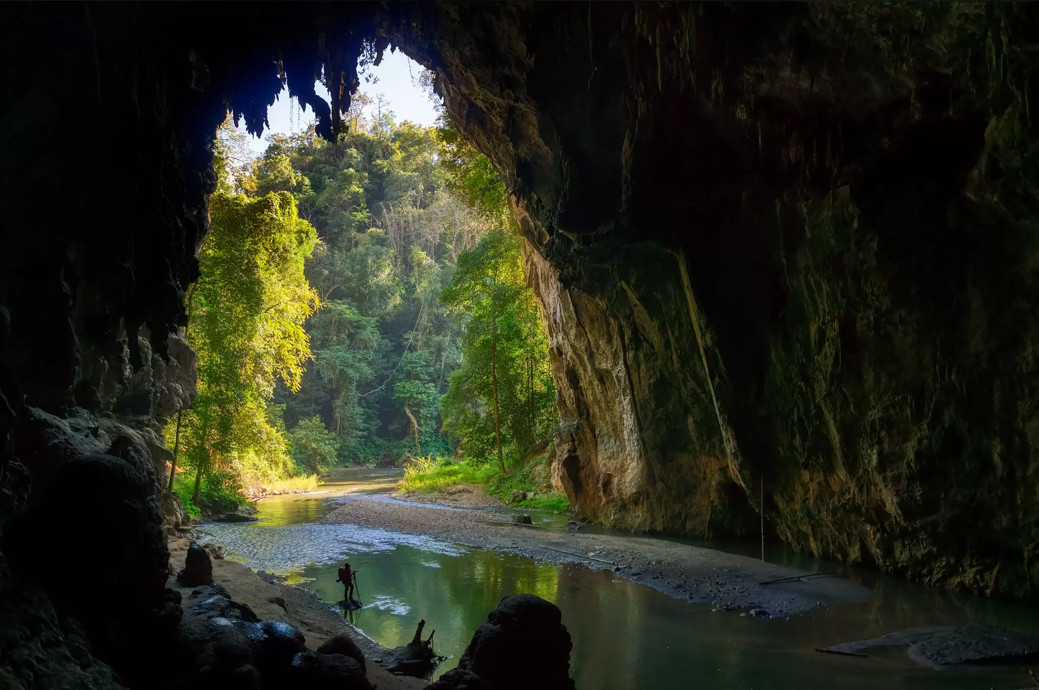 A large cave with a view of trees and a traveler.