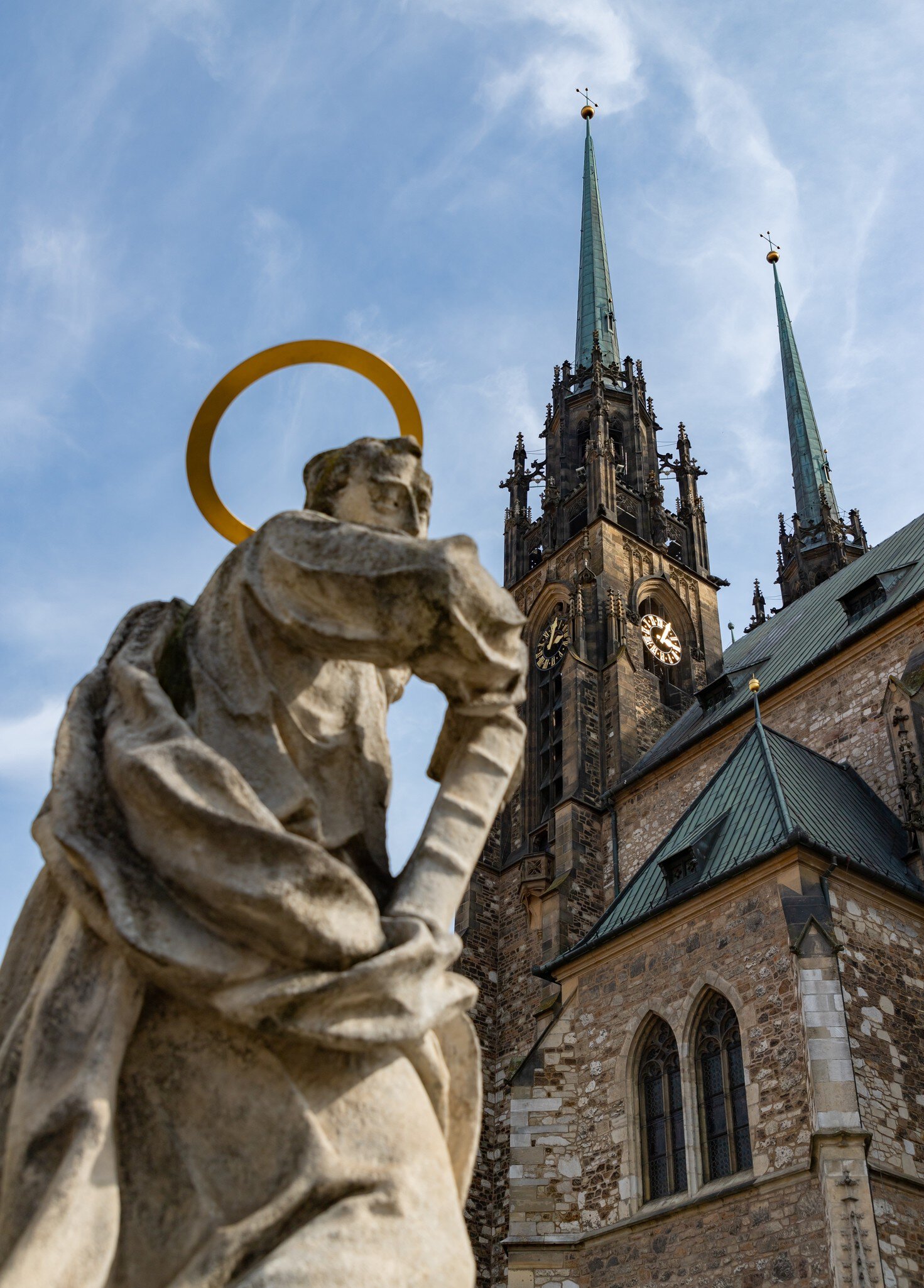 Brno, Czech Republic. The Statue of Saint Paul looking at the Cathedral of Saint Peter and Paul. 