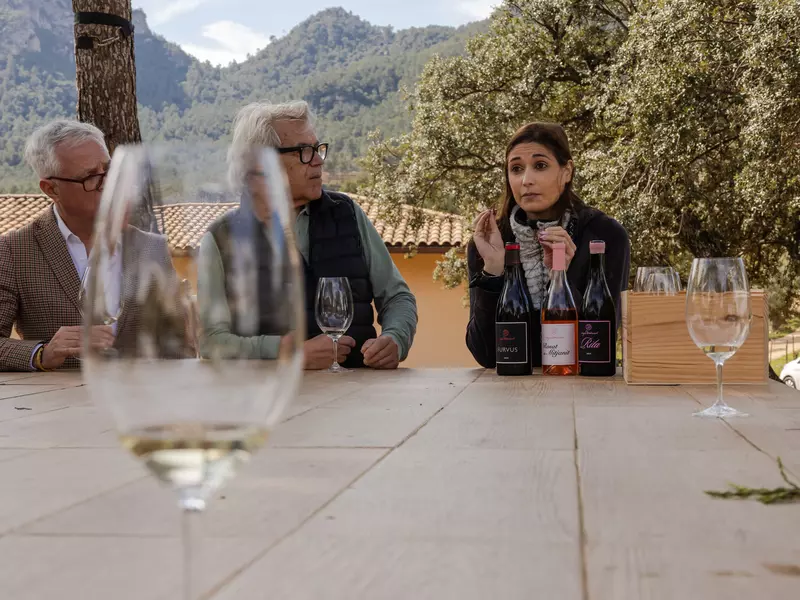 People, sat round a table with wine glasses, deep in conversation