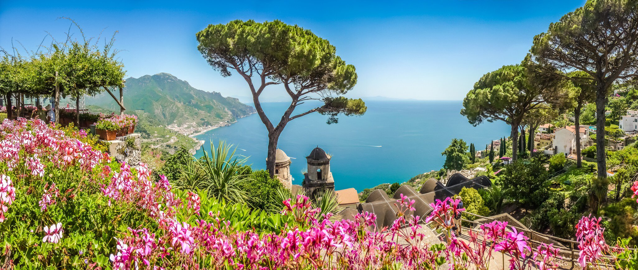Scenic picture-postcard view of famous Amalfi Coast with Gulf of Salerno from Villa Rufolo gardens in Ravello, Campania,