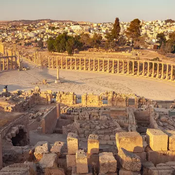 Oval Forum in ancient Roman city Gerasa, present-day Jerash, Jordan; Shutterstock ID 1169735011;