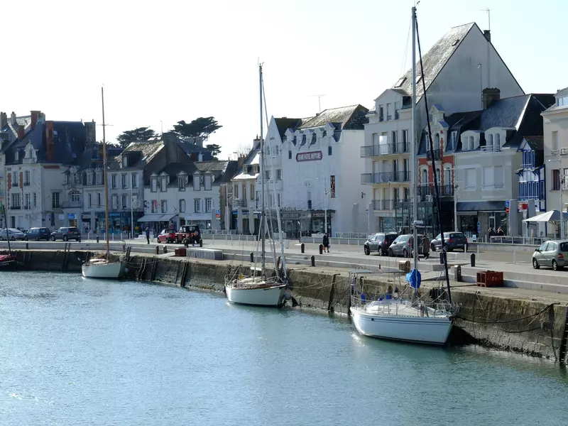Boats docked in a harbor of a seaside town