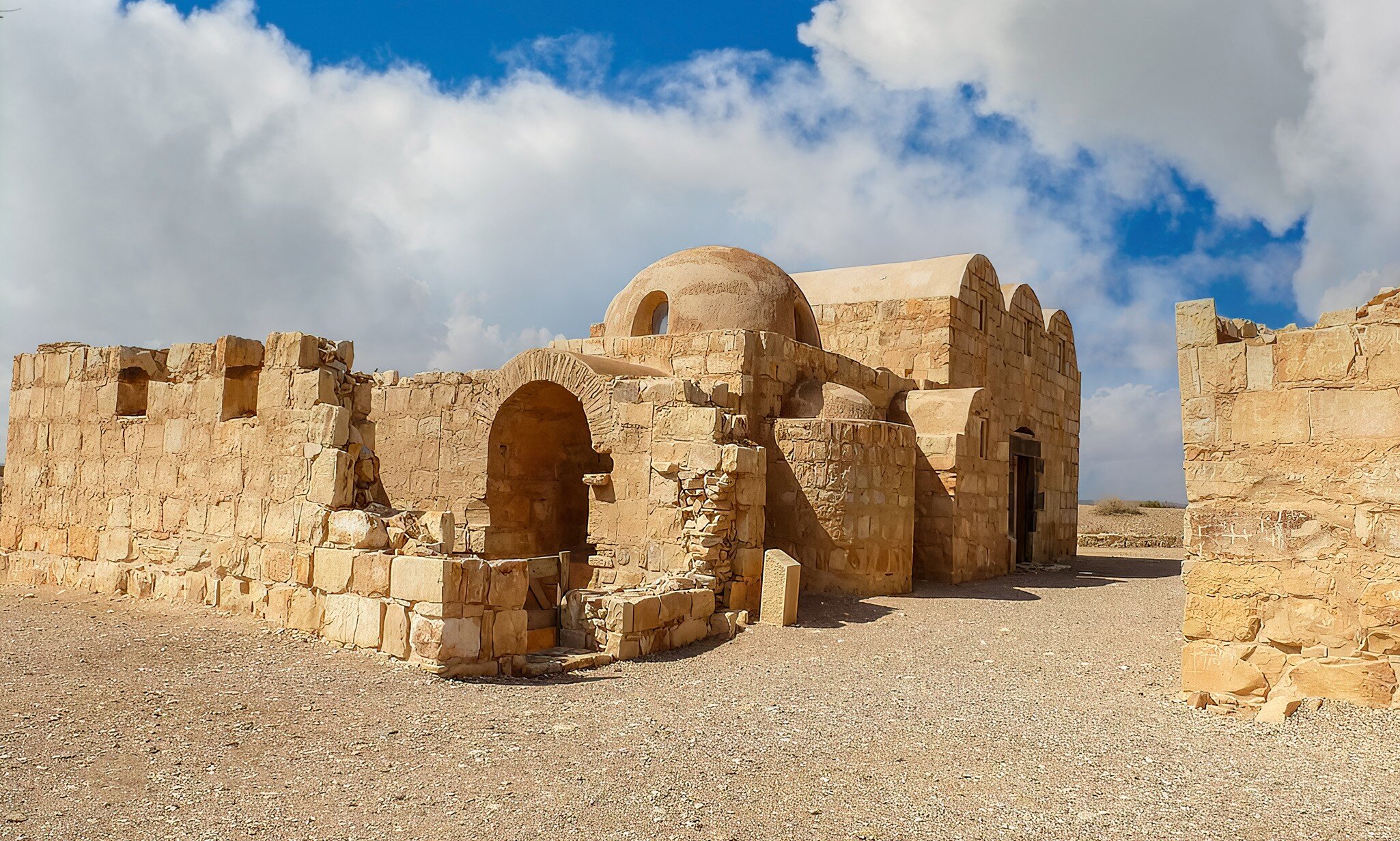 Qusayr 'Amra, built in the early 8th century, this exceptionally well-preserved desert castle was both a fortress with a garrison and a residence of the Umayyad caliphs.