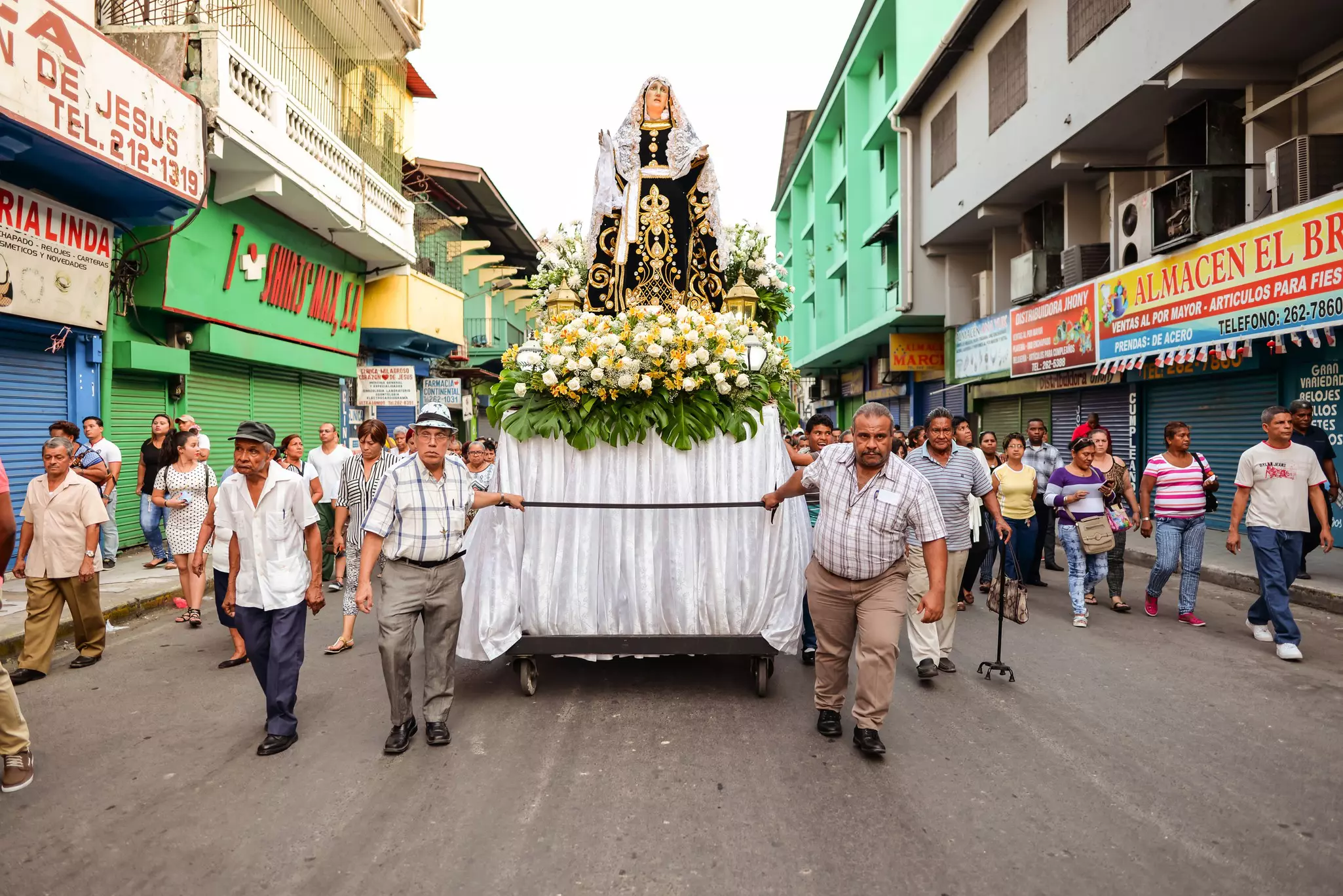 A religious procession during Semana Santa (Holy Week) in the streets of the Santa Ana neighborhood in Panama City, the capital of Panama.