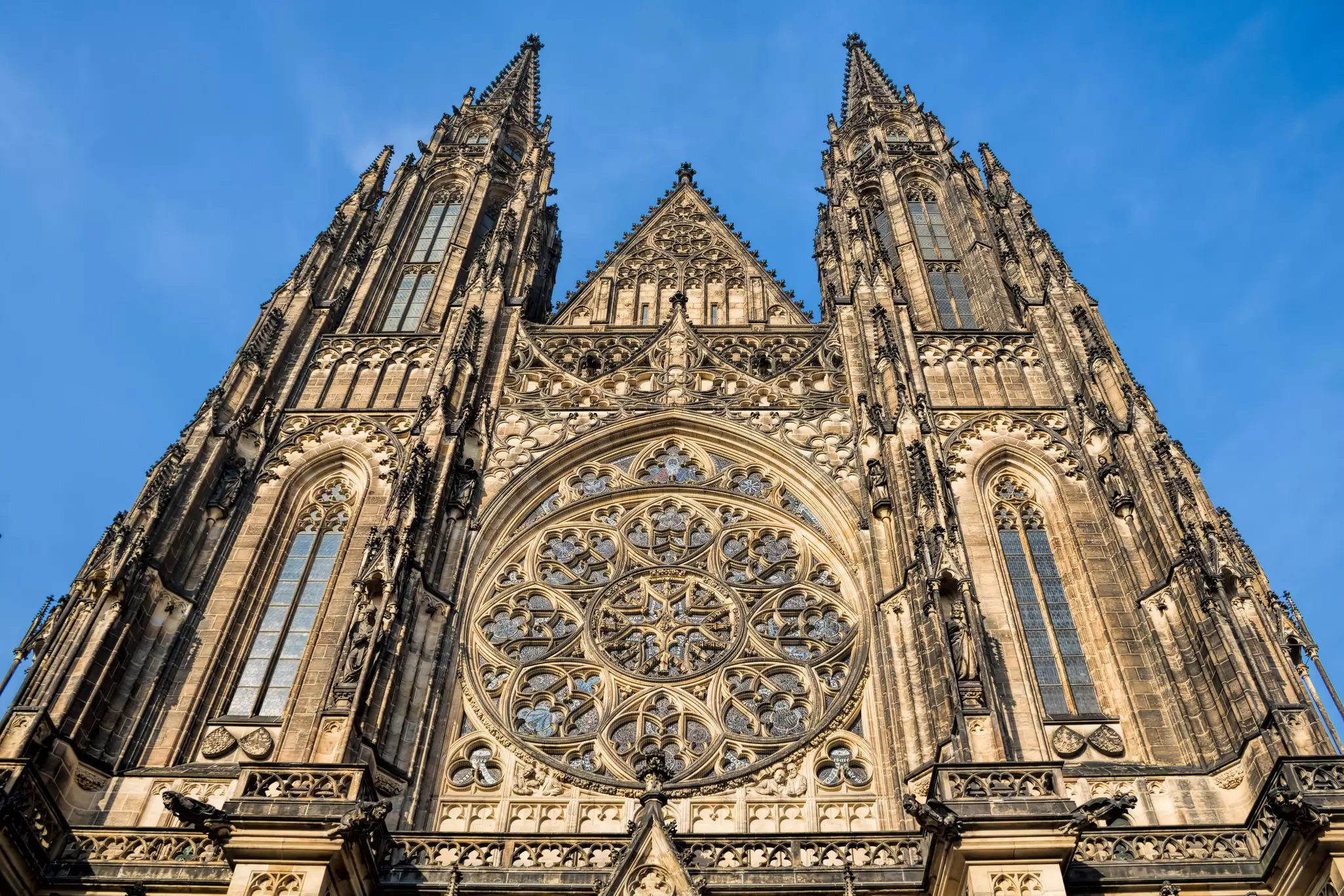 Exterior view of St. Vitus Cathedral in Prague, Czechia.