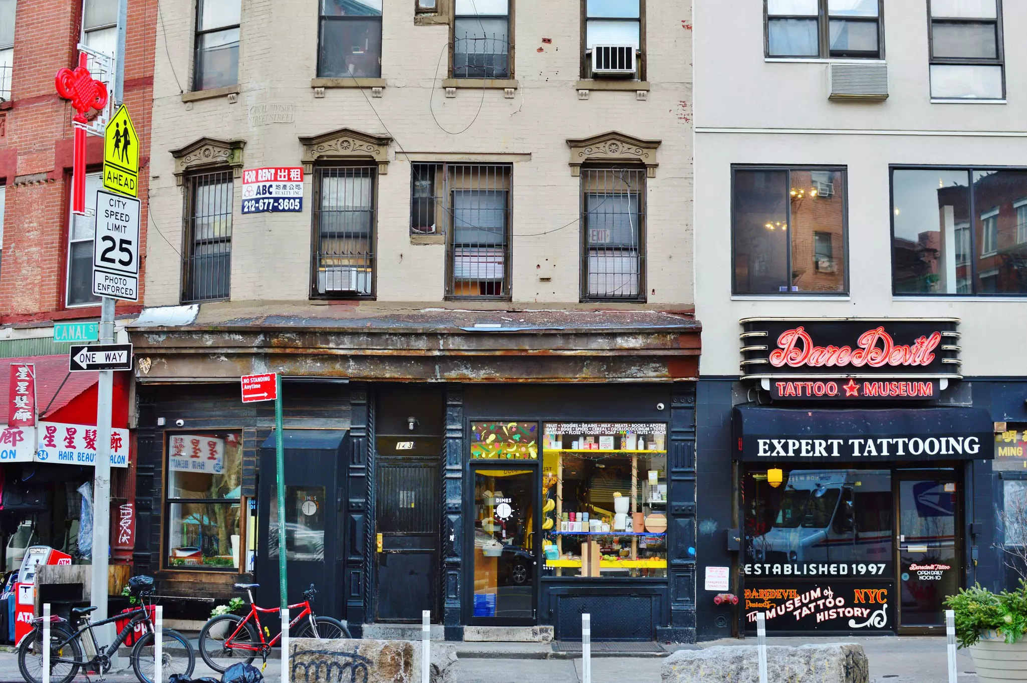 Dare Devil Tattoo Museum and Dimes Market on Canal Street and East Broadway in Chinatown.