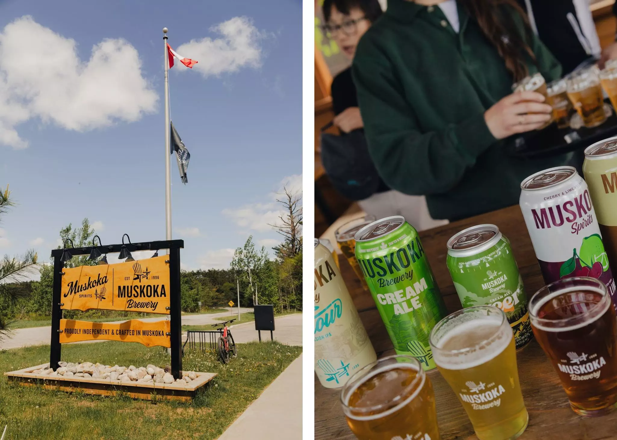 A sign that reads "Muskoka Brewery" on the left; beer cans and glasses on the right.