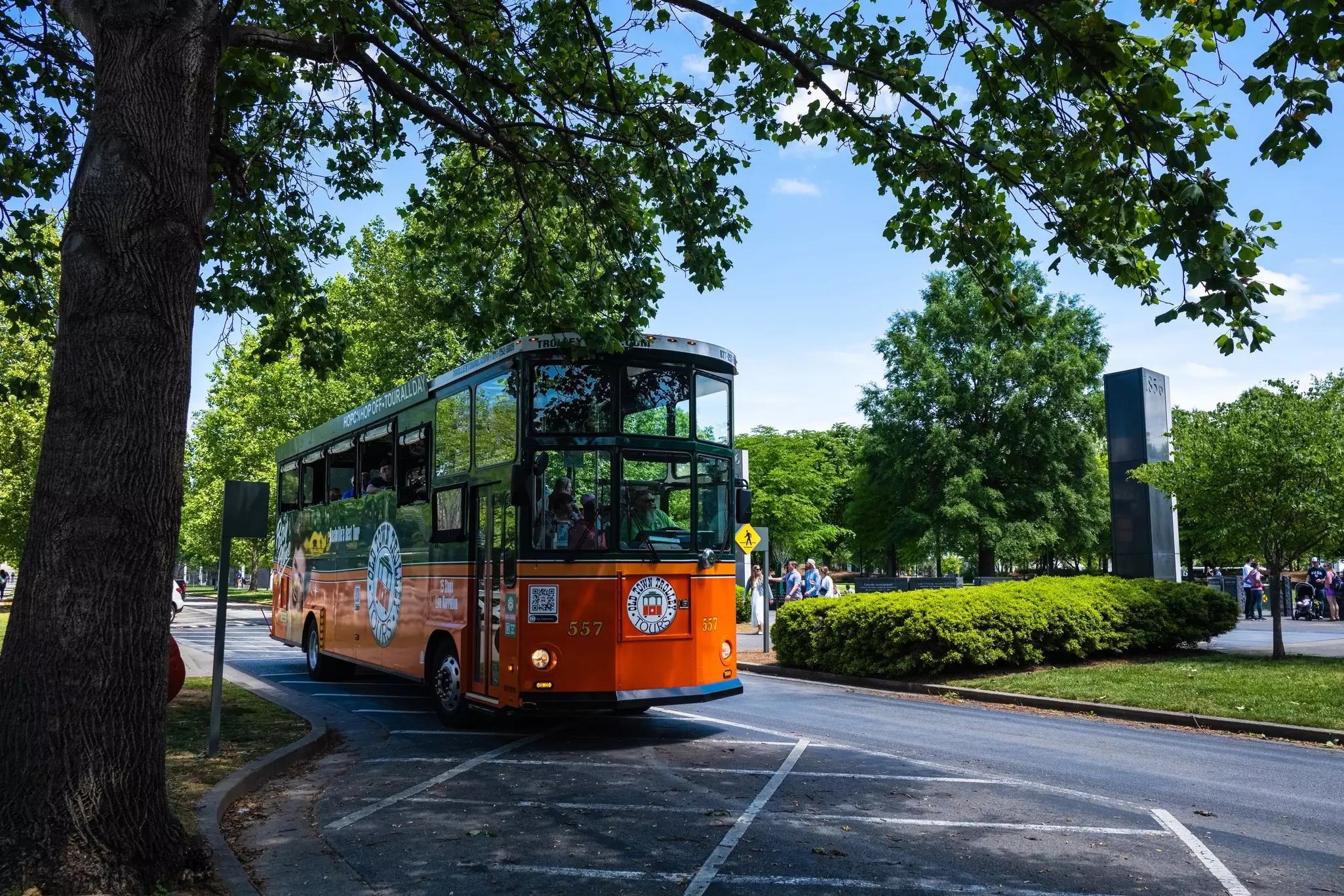 An orange and green trolley travels under a large tree near a monument