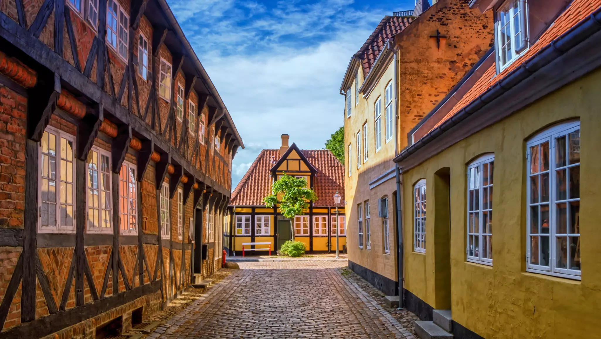 Street and houses in medieval Ribe town, Denmark