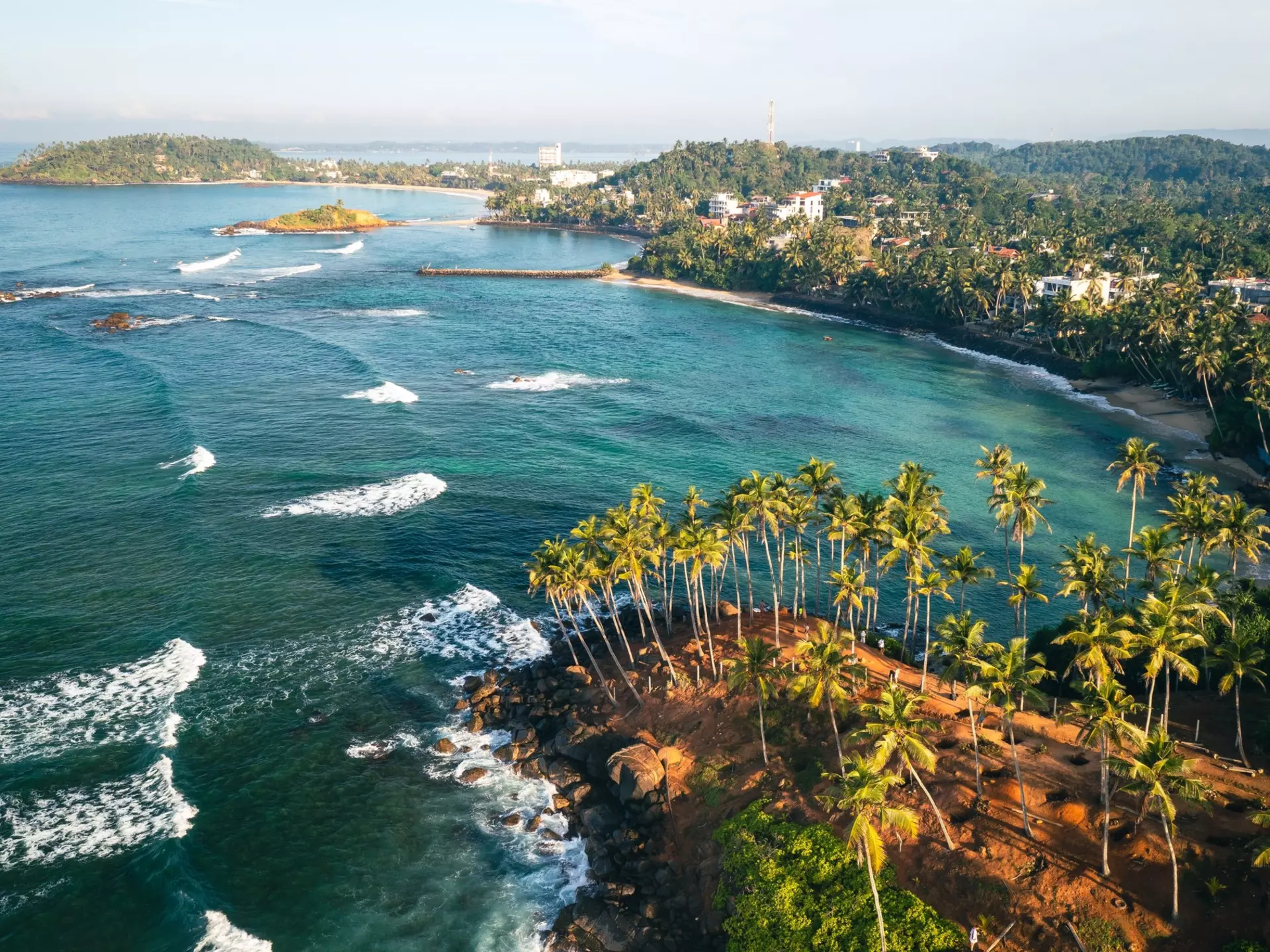 Blue-green waters ripple on a coast lined with buildings and palm trees