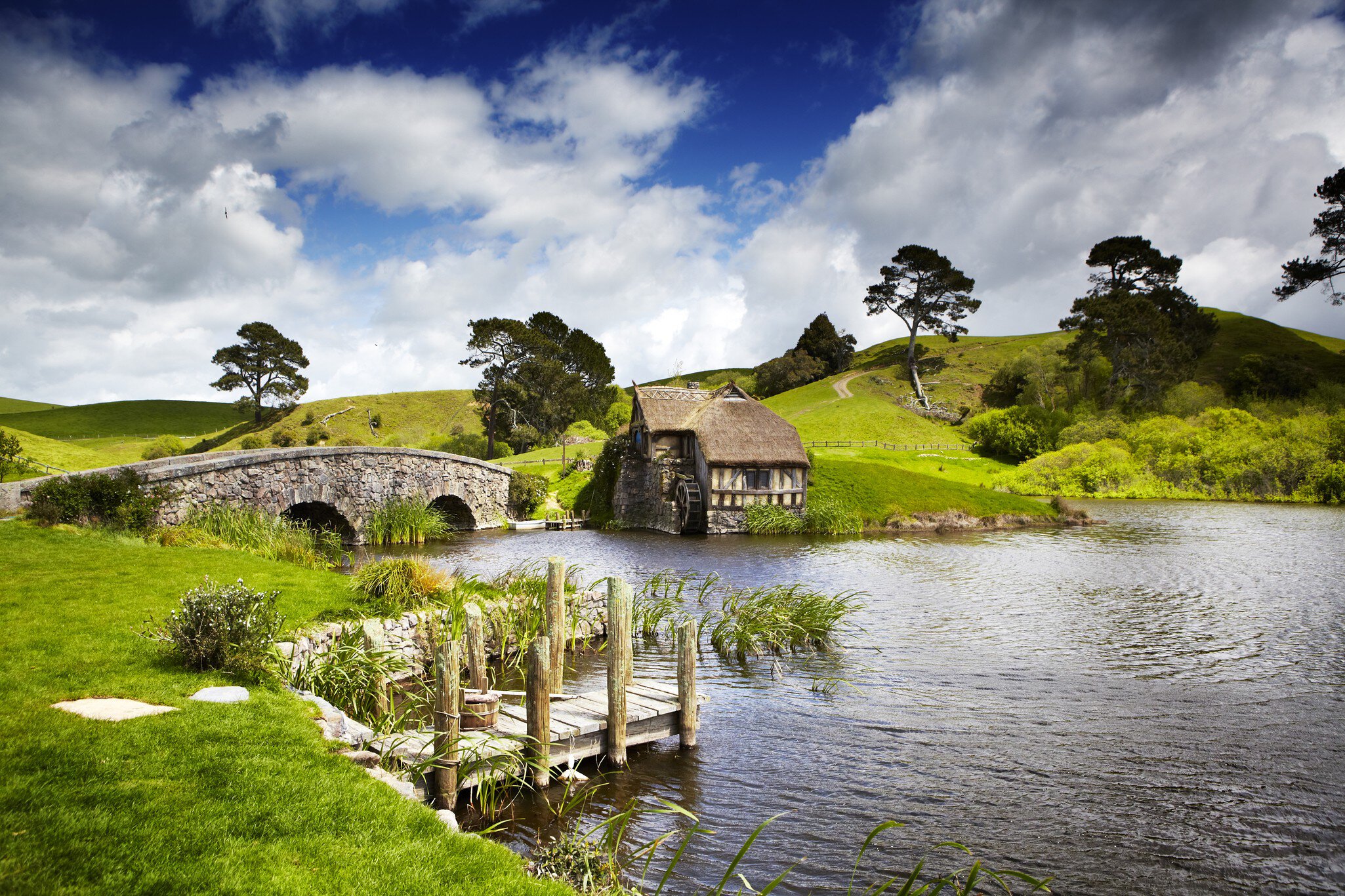 Lake in village of Hobbitville on Lord of the Rings film set.