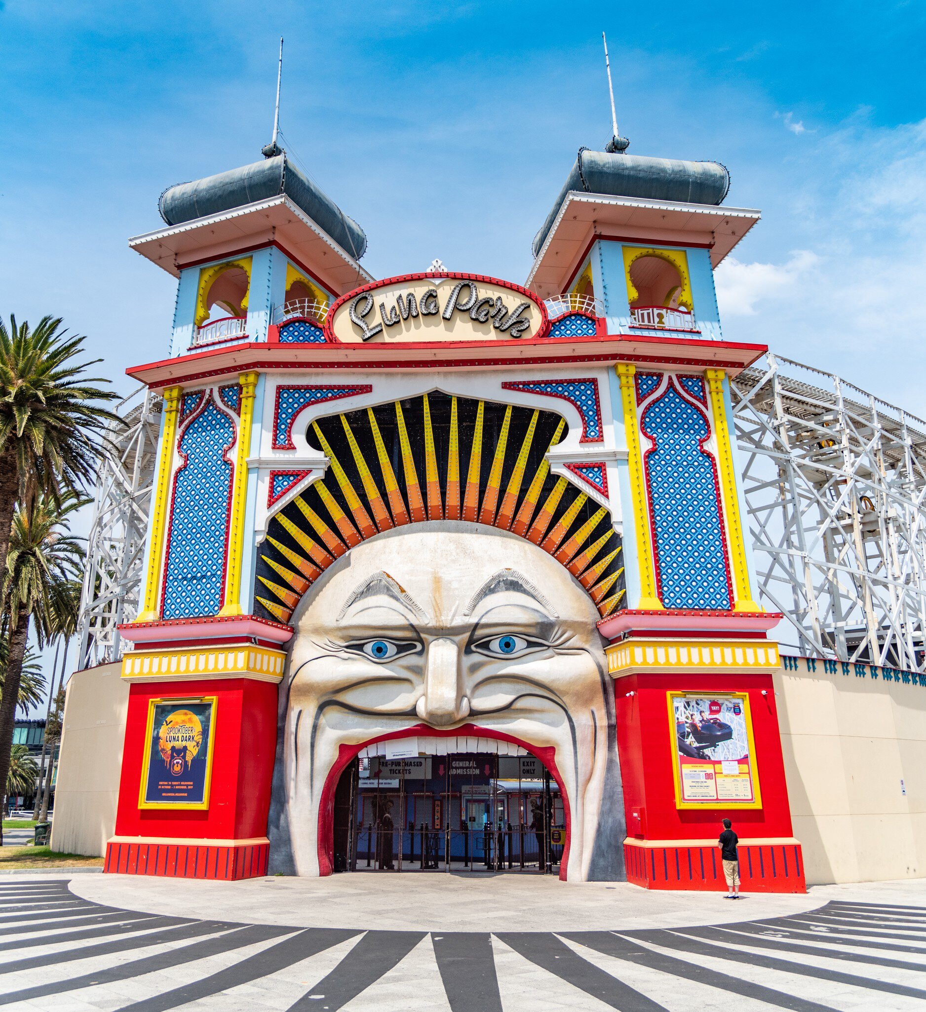 Entrance to Luna Park in Melbourne, a historic amusement park located on the foreshore of Port Phillip Bay in St Kilda. Melbourne, Australia.