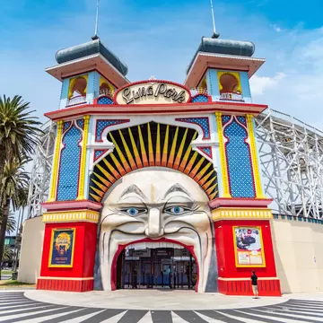 Entrance to Luna Park in Melbourne, a historic amusement park located on the foreshore of Port Phillip Bay in St Kilda. Melbourne, Australia.