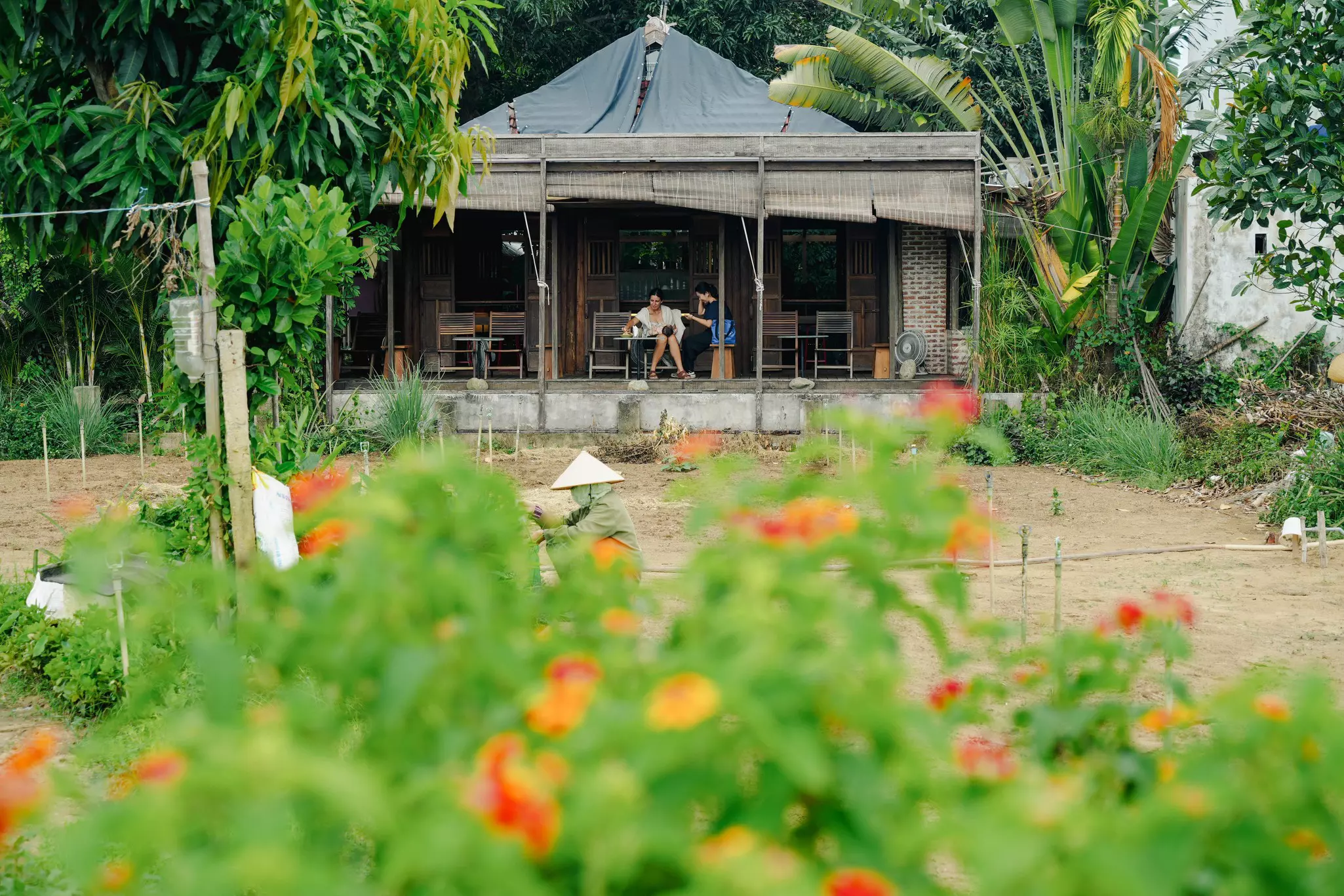 A covered porch with chairs is seen behind red flowers in the front of the shot.