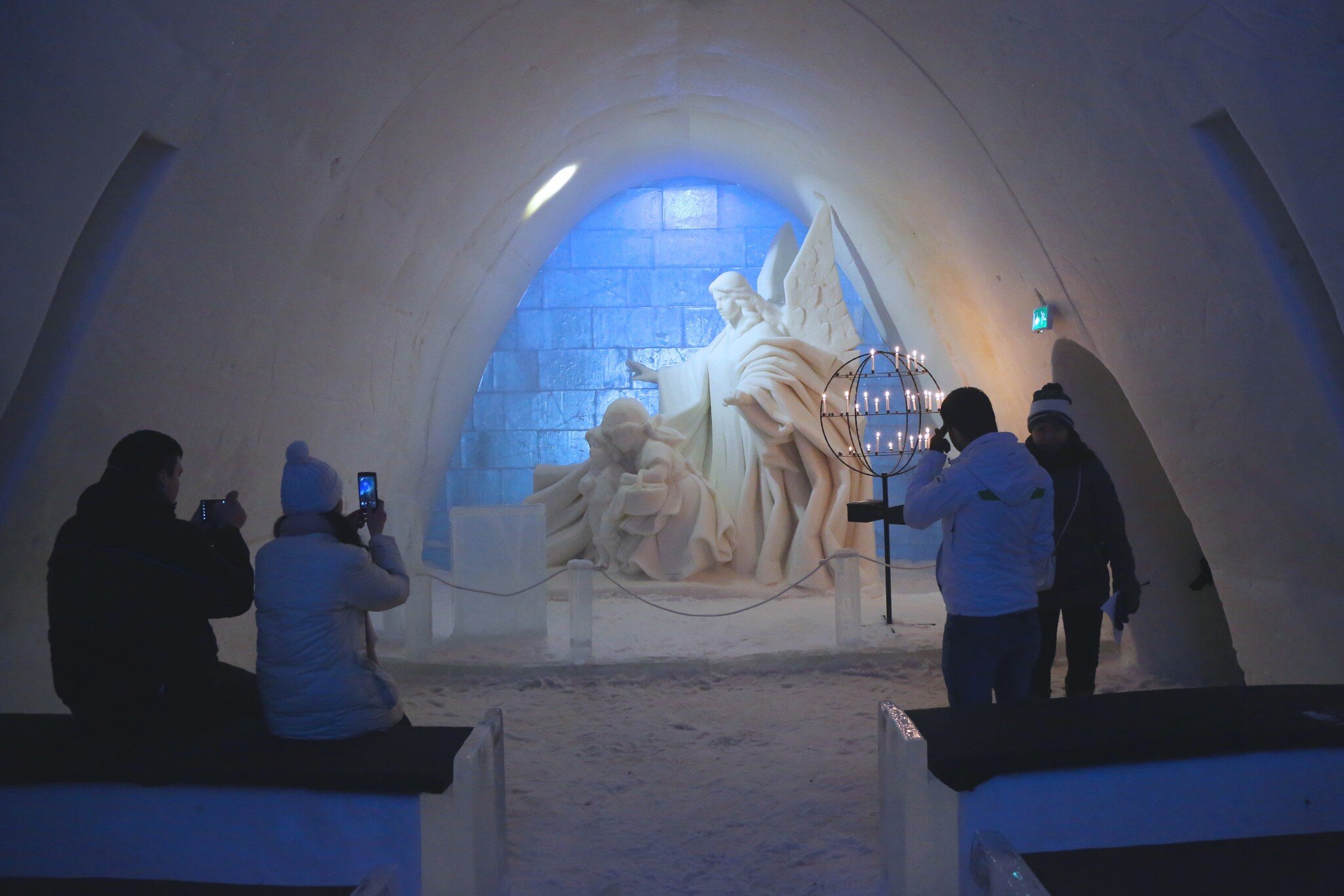 KEMI, FINLAND - FEBRUARY 18, 2017: Unique beautifully decorated Snow Chapel at  LumiLinna Snow Castle in Kemi, Finland. Snow Hotel is the World Luxury Hotel Global Award Winner ; Shutterstock ID 584920507;