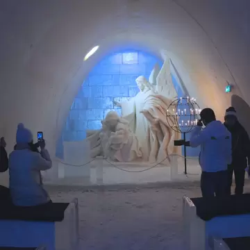 KEMI, FINLAND - FEBRUARY 18, 2017: Unique beautifully decorated Snow Chapel at  LumiLinna Snow Castle in Kemi, Finland. Snow Hotel is the World Luxury Hotel Global Award Winner ; Shutterstock ID 584920507;