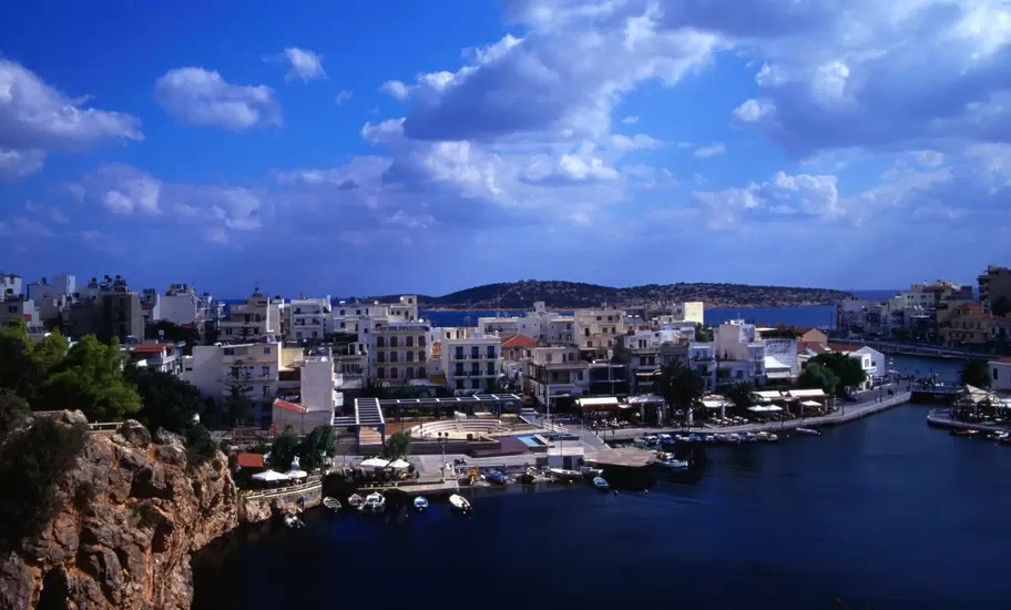 Wharf and buildings surrounding Voulismeni Lake.