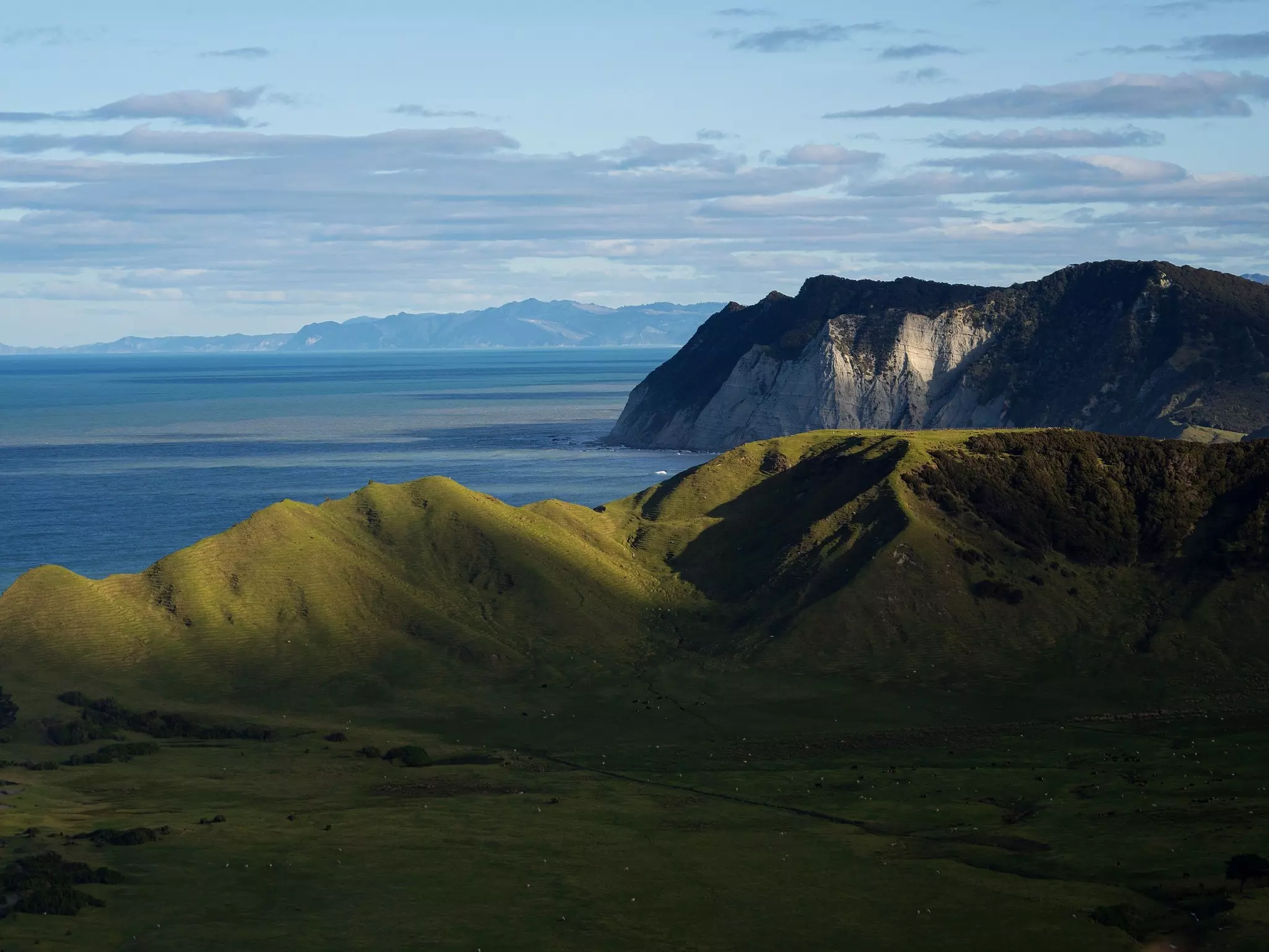Panoramic view of coast on easternmost point of New Zealand, with grass, hills and vegetation near East Cape Lighthouse, Te Araroa