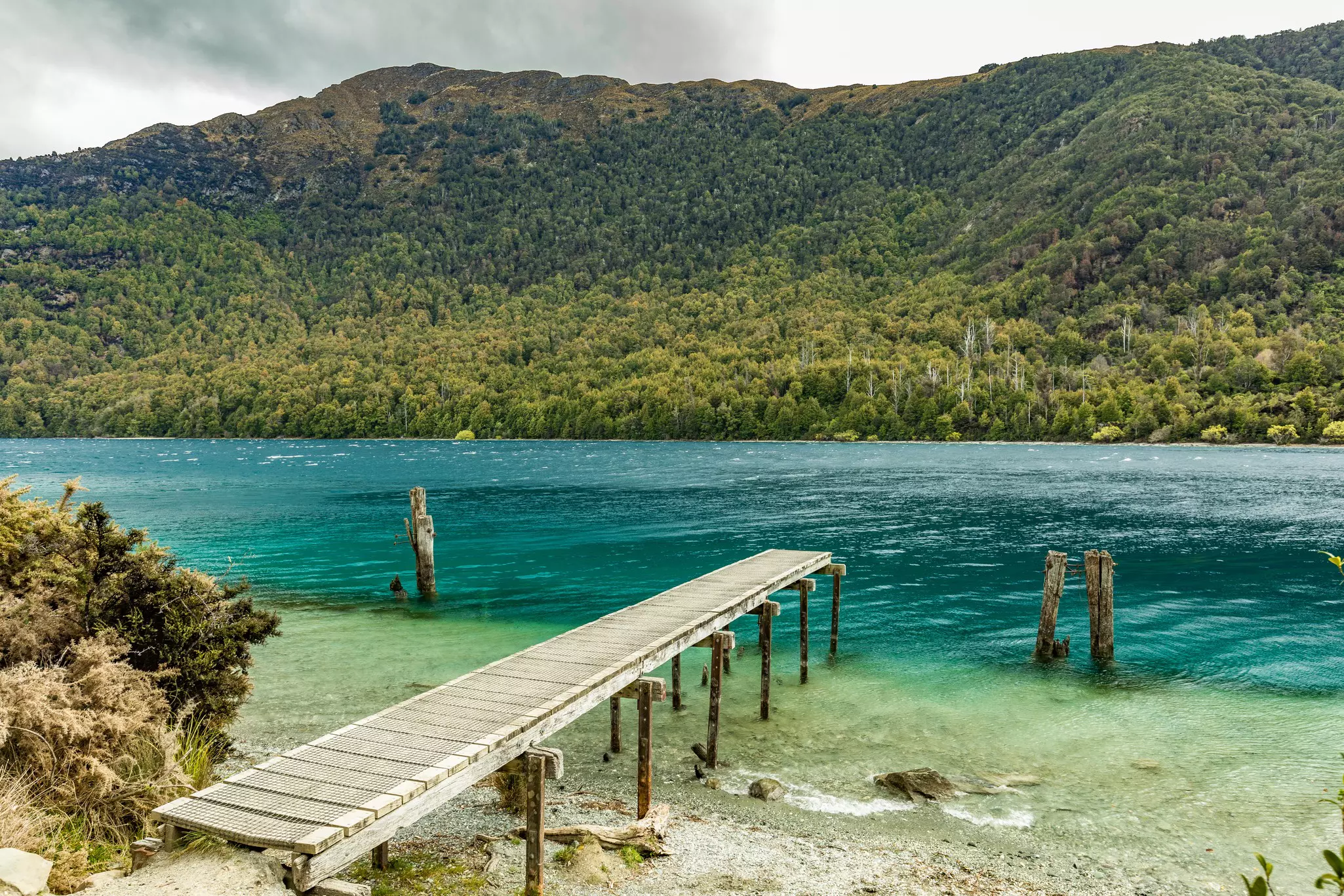 A small wooden jetty stretches into a lake surrounded by woodland.