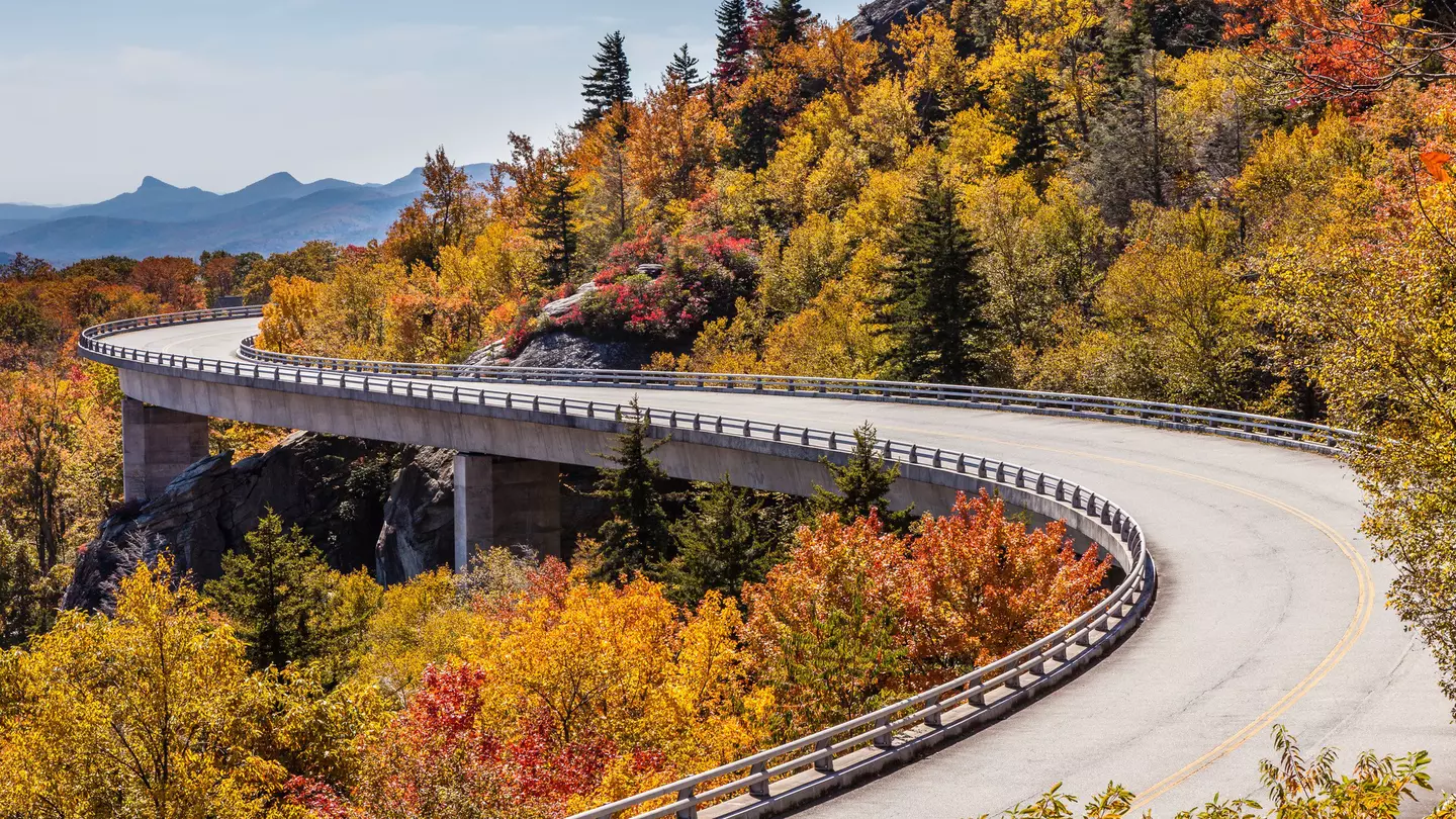The winding road of Blue Ridge Parkway during fall.
