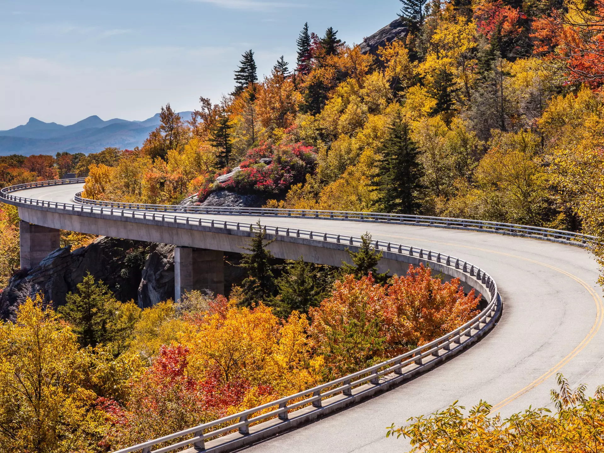The winding road of Blue Ridge Parkway during fall.
