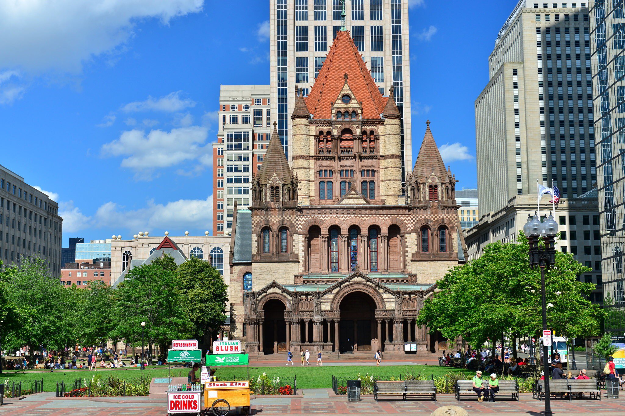 View of Trinity Church in Boston, Massachusetts, on a sunny day.