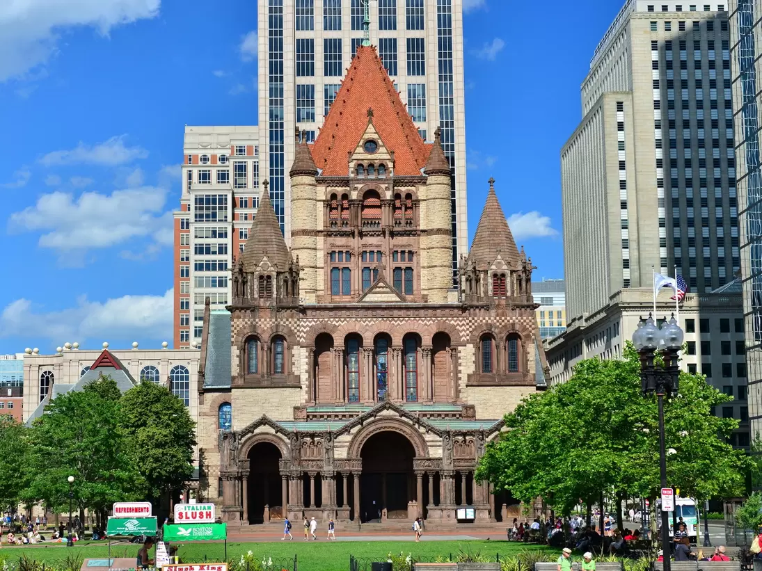 View of Trinity Church in Boston, Massachusetts, on a sunny day.