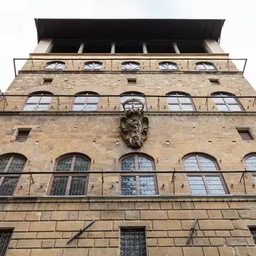 Florence, Italy - November 5, 2016: wall of Palazzo Davanzati, home of Museum of the Old Florentine House (Museo della Casa Fiorentina Antica). The Palace was erected in second half of 14th cent