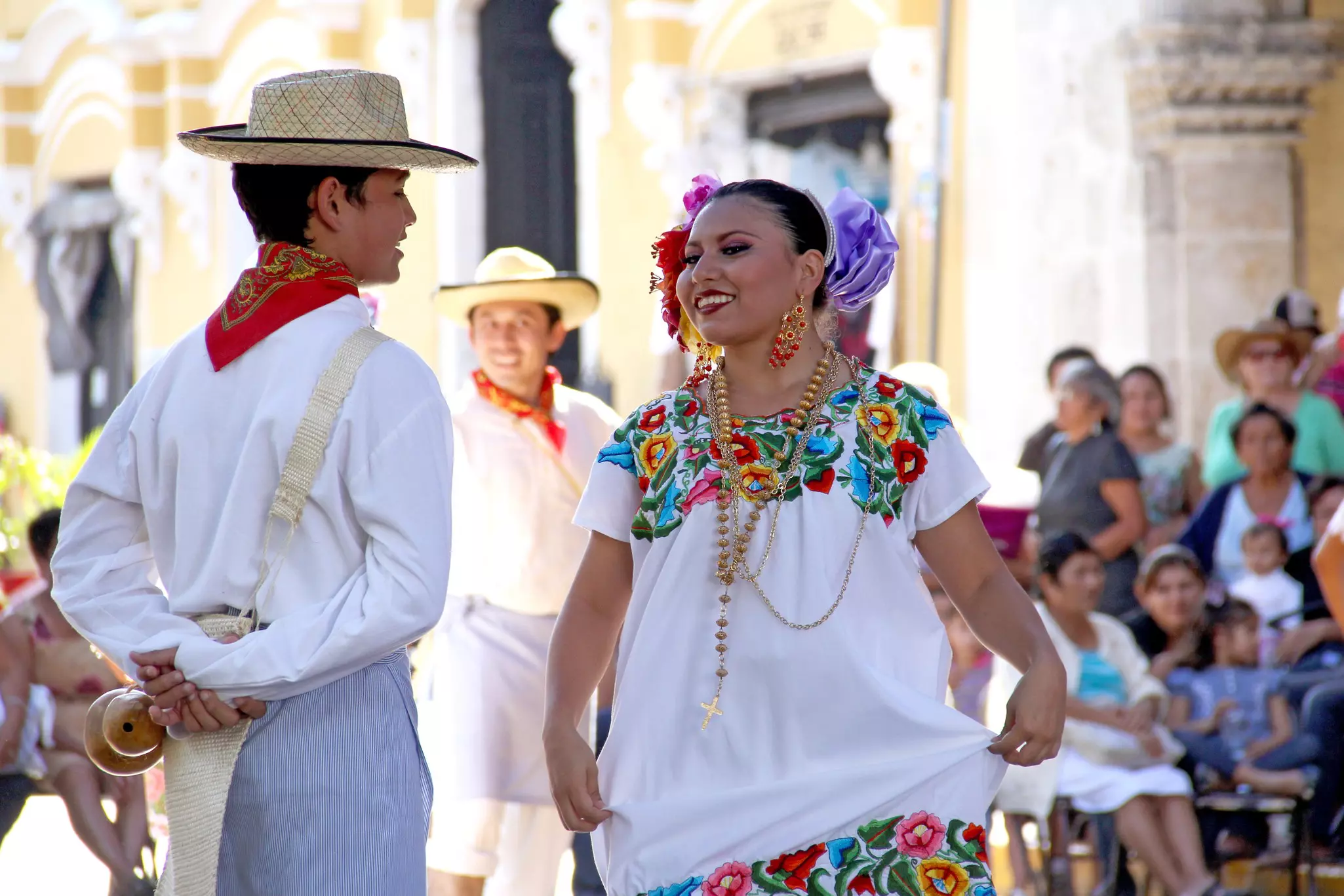 Young dancers performing in front of the crowd at the vaqueria at Merida City Festival