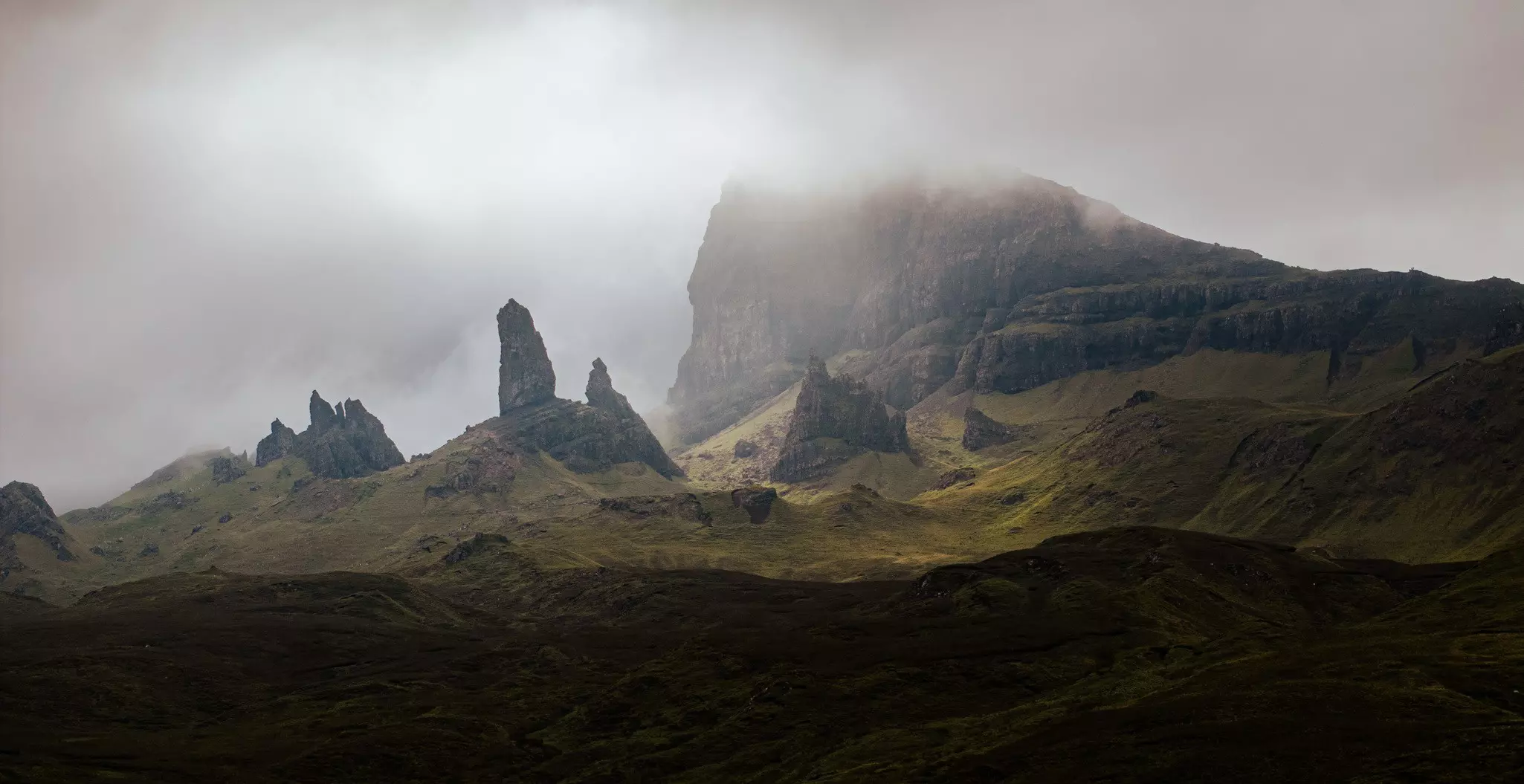 The dramatic Old Man of Storr veiled in mist