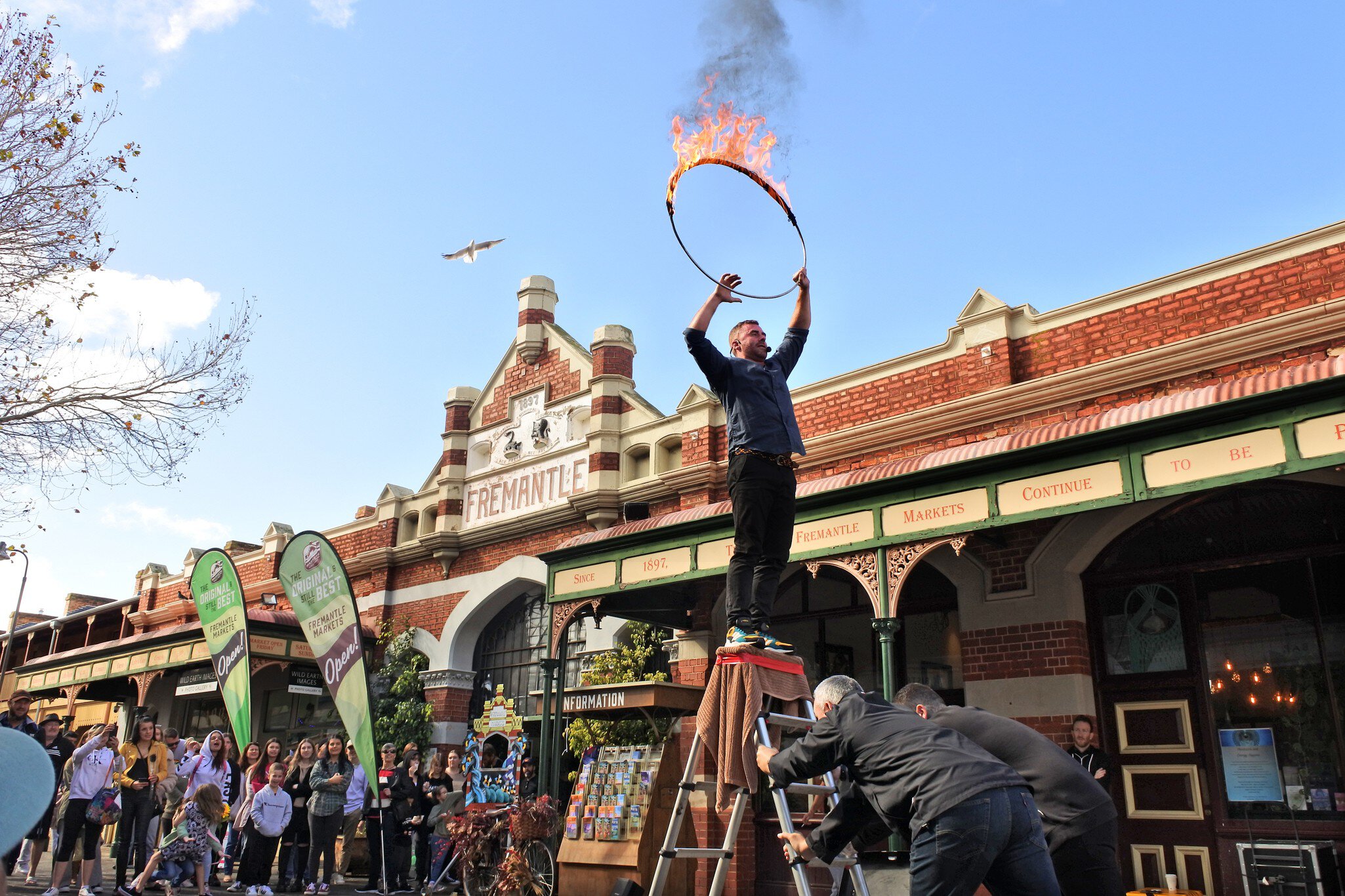 FREMANTLE, WA - JULY 18 2021:Crowed of people watching street acrobatics show at Fremantle Markets one of the most popular tourist attractions in Fremantle Western Australia., License Type: media, Download Time: 2026-04-23T18:24:22.000Z, User: LP_NZhan, Editorial: true, purchase_order: 65050 - Digital Destinations and Articles, job: App content, client: Lonely Planet App, other: Nadine Zhan